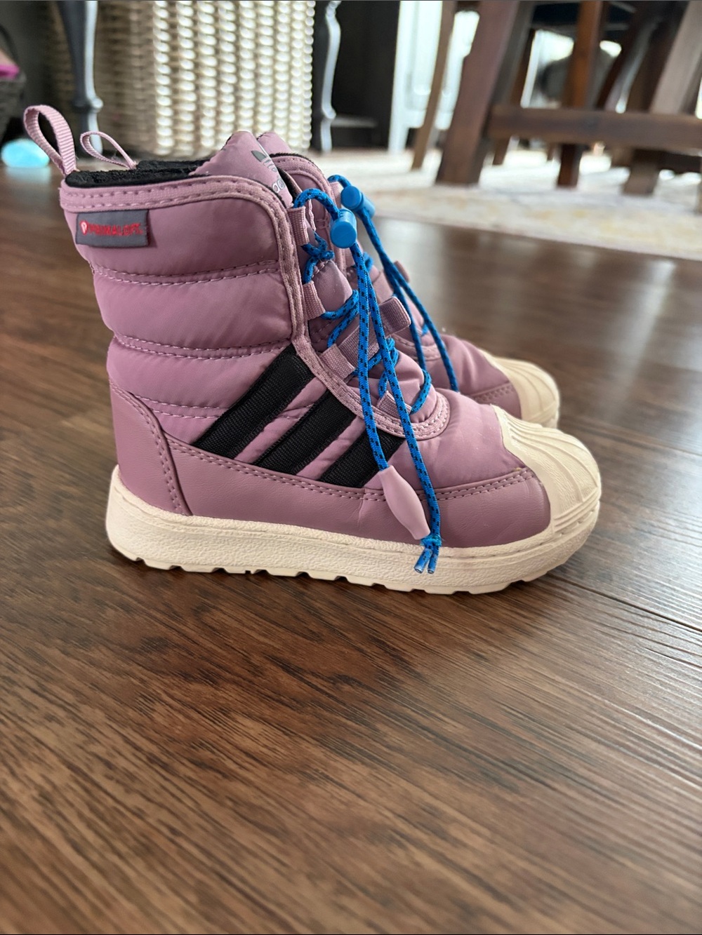 Kids Adidas Purple Winter Boots with Blue Laces